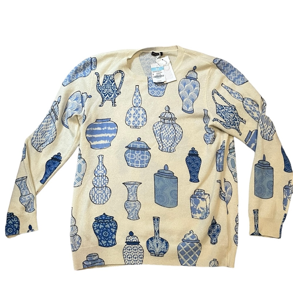 J McLaughlin, ginger jar, blue and cream cashmere  sweater size L new with tags